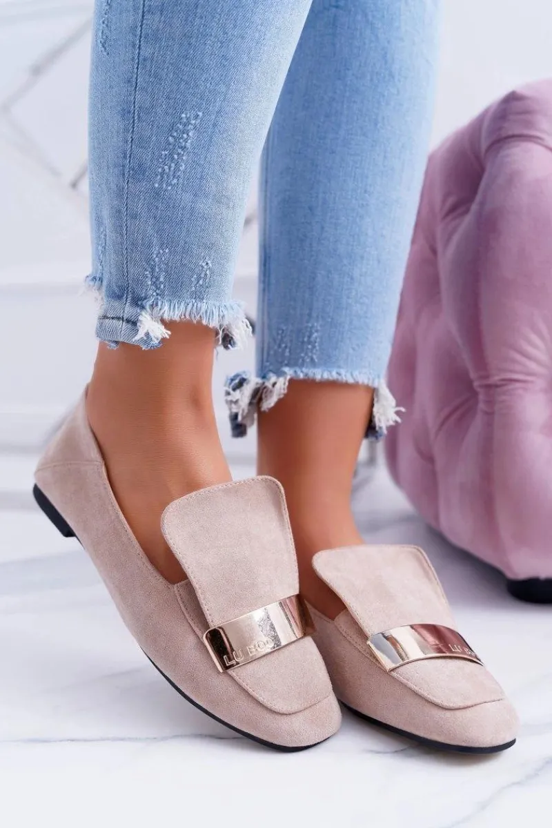 New Mokasyny Damskie Z Blaszką Złote Lordsy Beż Lu Boo Harlem Damskie Mokasyny Damskie Zamszowe