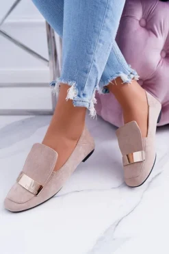 New Mokasyny Damskie Z Blaszką Złote Lordsy Beż Lu Boo Harlem Damskie Mokasyny Damskie Zamszowe