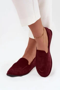 Hot Boto Mokasyny Damskie Z Eko Zamszu Płaskie Bordowe Miryelle Czerwony