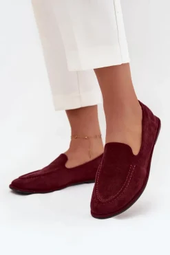 Hot Boto Mokasyny Damskie Z Eko Zamszu Płaskie Bordowe Miryelle Czerwony