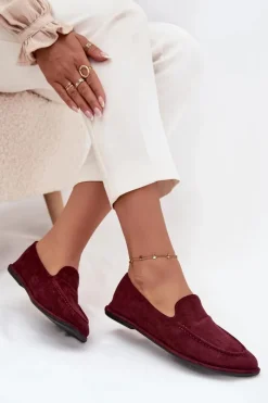 Hot Boto Mokasyny Damskie Z Eko Zamszu Płaskie Bordowe Miryelle Czerwony