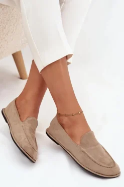 Clearance Mokasyny Damskie Z Eko Zamszu Płaskie Beżowe Miryelle Damskie Loafersy Damskie|Mokasyny Damskie Zamszowe