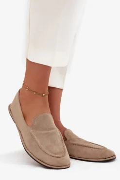 Clearance Mokasyny Damskie Z Eko Zamszu Płaskie Beżowe Miryelle Damskie Loafersy Damskie|Mokasyny Damskie Zamszowe