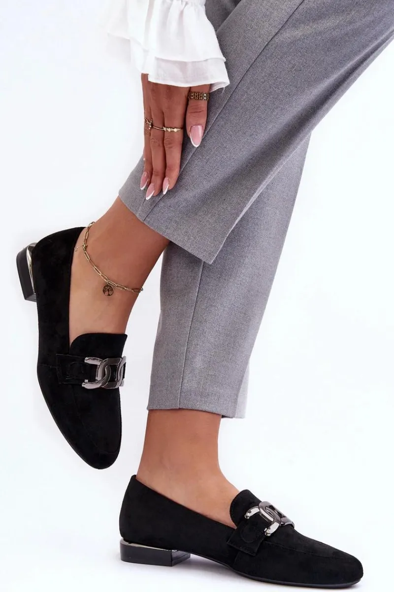 Mokasyny Damskie Skórzane|Mokasyny Damskie Zamszowe>Buty Sergio Leone Mokasyny Damskie Z Ozdobą Czarne Camilena - Zamsz Czarny