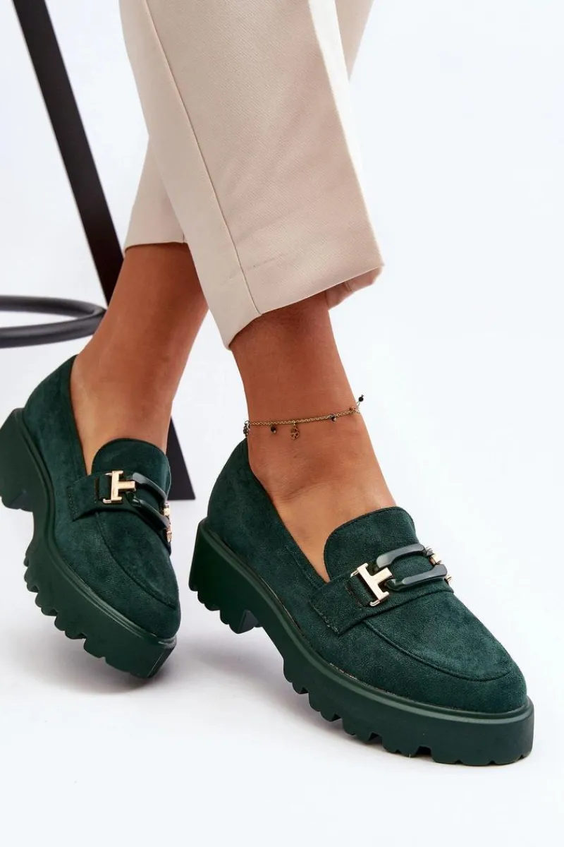 Outlet Mokasyny Damskie Z Ozdobą Ciemnozielone Omavia Damskie Mokasyny Damskie Zamszowe