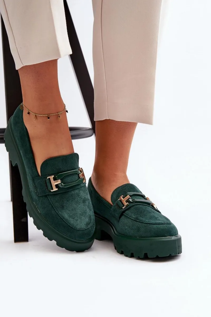 Outlet Mokasyny Damskie Z Ozdobą Ciemnozielone Omavia Damskie Mokasyny Damskie Zamszowe