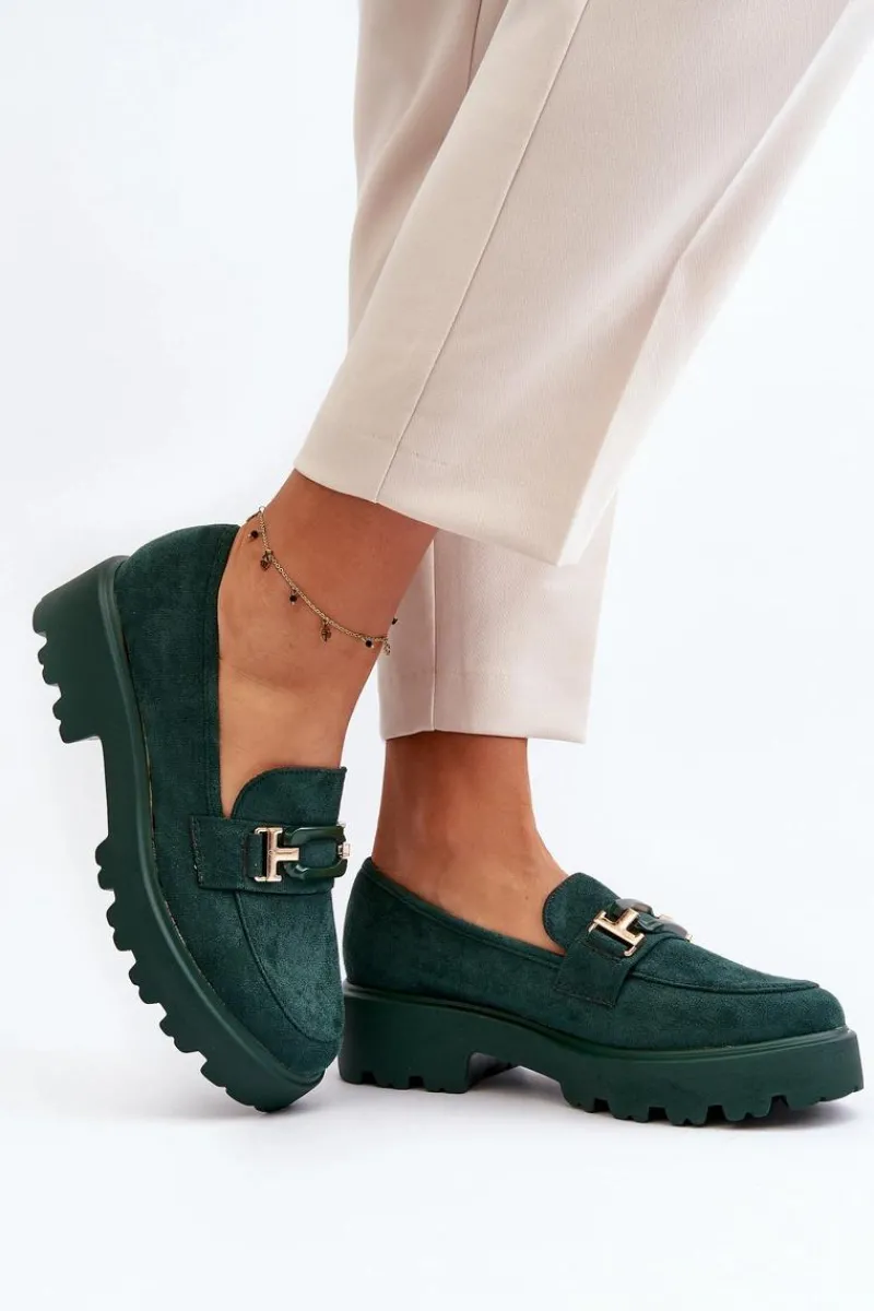 Outlet Mokasyny Damskie Z Ozdobą Ciemnozielone Omavia Damskie Mokasyny Damskie Zamszowe