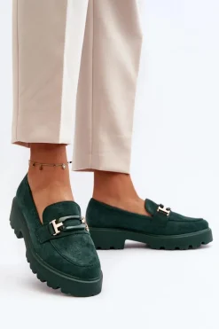 Outlet Mokasyny Damskie Z Ozdobą Ciemnozielone Omavia Damskie Mokasyny Damskie Zamszowe