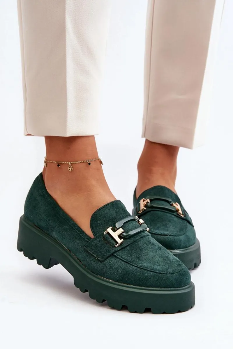 Outlet Mokasyny Damskie Z Ozdobą Ciemnozielone Omavia Damskie Mokasyny Damskie Zamszowe
