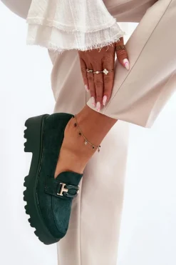 Outlet Mokasyny Damskie Z Ozdobą Ciemnozielone Omavia Damskie Mokasyny Damskie Zamszowe