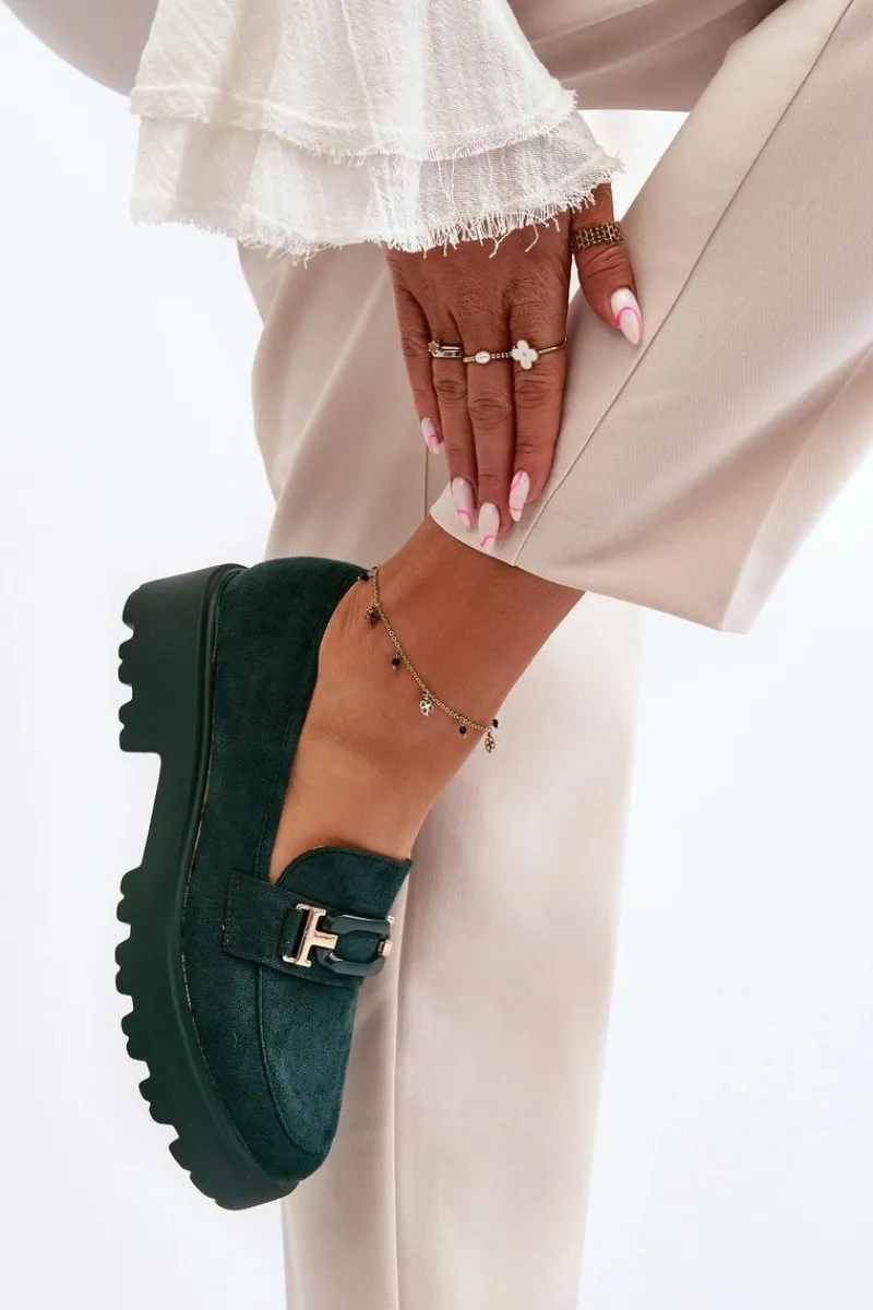 Outlet Mokasyny Damskie Z Ozdobą Ciemnozielone Omavia Damskie Mokasyny Damskie Zamszowe