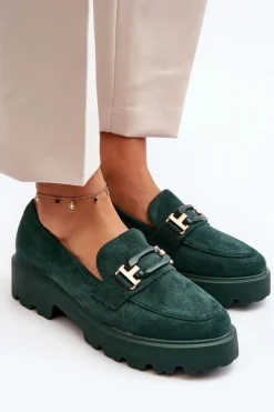 Outlet Mokasyny Damskie Z Ozdobą Ciemnozielone Omavia Damskie Mokasyny Damskie Zamszowe