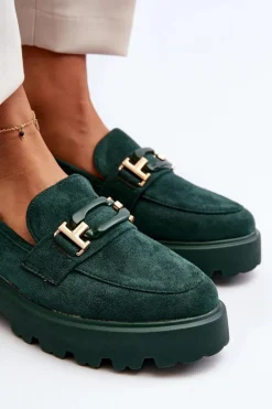 Outlet Mokasyny Damskie Z Ozdobą Ciemnozielone Omavia Damskie Mokasyny Damskie Zamszowe
