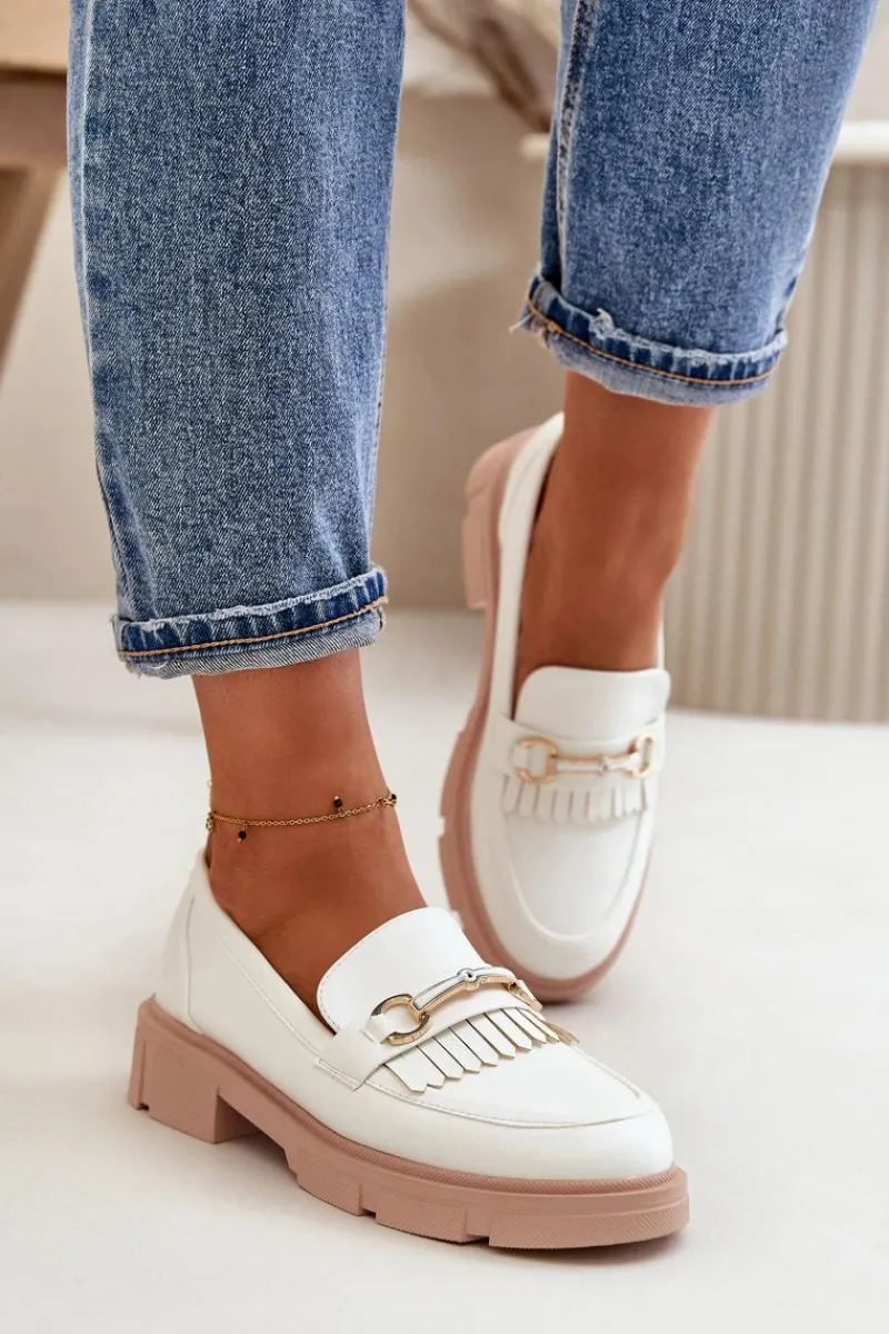 Loafersy Damskie|Mokasyny Płaskie>Boto Mokasyny Damskie Z Ozdobą Eko Skórzane Białe Tialorae Biały
