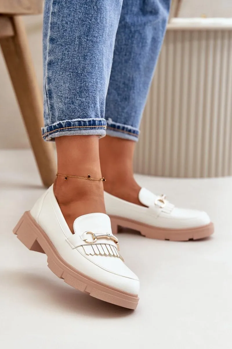 Loafersy Damskie|Mokasyny Płaskie>Boto Mokasyny Damskie Z Ozdobą Eko Skórzane Białe Tialorae Biały