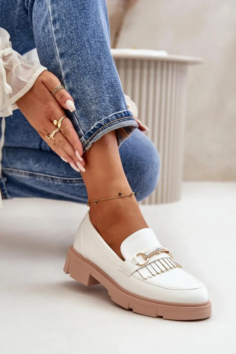 Loafersy Damskie|Mokasyny Płaskie>Boto Mokasyny Damskie Z Ozdobą Eko Skórzane Białe Tialorae Biały