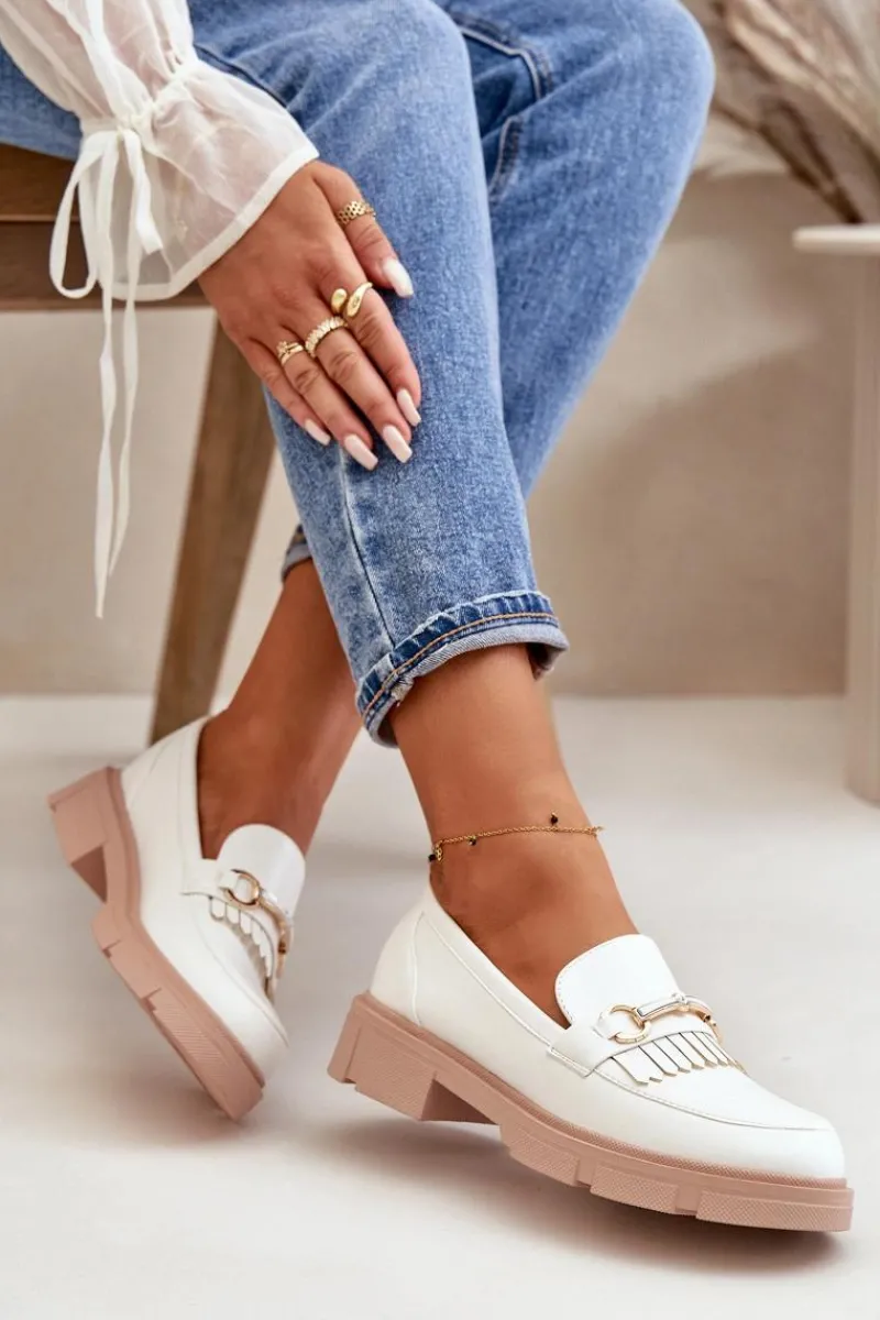 Loafersy Damskie|Mokasyny Płaskie>Boto Mokasyny Damskie Z Ozdobą Eko Skórzane Białe Tialorae Biały