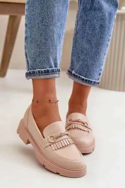 Boto Mokasyny Damskie Z Ozdobą Eko Skórzane Beżowe Tialorae Beżowy