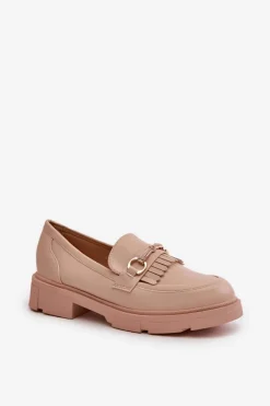 Boto Mokasyny Damskie Z Ozdobą Eko Skórzane Beżowe Tialorae Beżowy