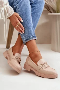 Boto Mokasyny Damskie Z Ozdobą Eko Skórzane Beżowe Tialorae Beżowy