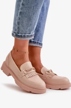 Boto Mokasyny Damskie Z Ozdobą Eko Skórzane Beżowe Tialorae Beżowy