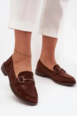 Online Mokasyny Damskie Z Ozdobnym Detalem Eko Zamszowe Czekoladowe Ambria Damskie Loafersy Damskie|Mokasyny Damskie Zamszowe