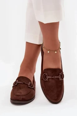 Online Mokasyny Damskie Z Ozdobnym Detalem Eko Zamszowe Czekoladowe Ambria Damskie Loafersy Damskie|Mokasyny Damskie Zamszowe