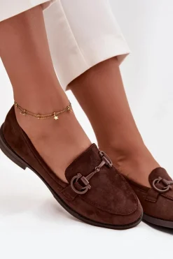 Online Mokasyny Damskie Z Ozdobnym Detalem Eko Zamszowe Czekoladowe Ambria Damskie Loafersy Damskie|Mokasyny Damskie Zamszowe
