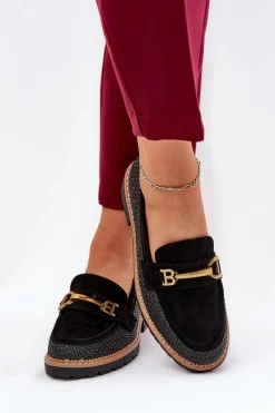 Online Boto Mokasyny Damskie Z Plecionką I Złotym Detalem Czarne Seffolia Czarny