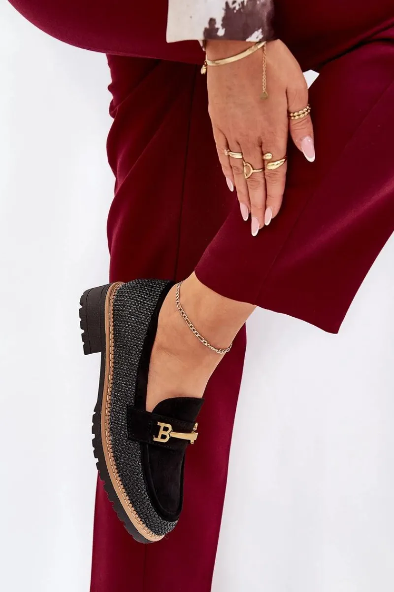 Online Boto Mokasyny Damskie Z Plecionką I Złotym Detalem Czarne Seffolia Czarny