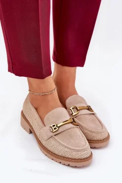 Loafersy Damskie|Mokasyny Płaskie>Boto Mokasyny Damskie Z Plecionką I Złotym Detalem Beżowe Seffolia Beżowy