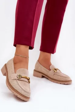 Loafersy Damskie|Mokasyny Płaskie>Boto Mokasyny Damskie Z Plecionką I Złotym Detalem Beżowe Seffolia Beżowy