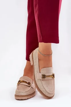 Loafersy Damskie|Mokasyny Płaskie></noscript>Boto Mokasyny Damskie Z Plecionką I Złotym Detalem Beżowe Seffolia Beżowy
