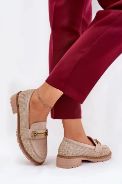 Loafersy Damskie|Mokasyny Płaskie></noscript>Boto Mokasyny Damskie Z Plecionką I Złotym Detalem Beżowe Seffolia Beżowy