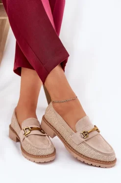 Loafersy Damskie|Mokasyny Płaskie></noscript>Boto Mokasyny Damskie Z Plecionką I Złotym Detalem Beżowe Seffolia Beżowy
