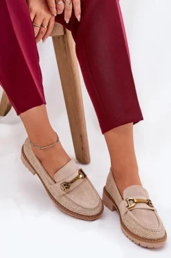 Loafersy Damskie|Mokasyny Płaskie></noscript>Boto Mokasyny Damskie Z Plecionką I Złotym Detalem Beżowe Seffolia Beżowy
