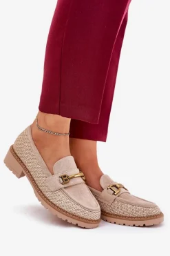Loafersy Damskie|Mokasyny Płaskie></noscript>Boto Mokasyny Damskie Z Plecionką I Złotym Detalem Beżowe Seffolia Beżowy