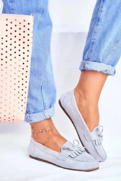 New Mokasyny Damskie Zamszowe Błękitne Velucci Damskie Mokasyny Damskie Zamszowe