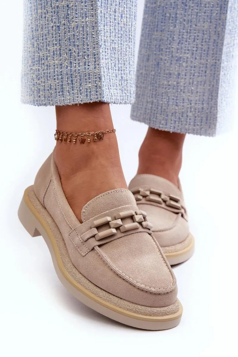 Loafersy Damskie|Mokasyny Płaskie>Damskie buty S.Barski Mokasyny Damskie Zamszowe Na Płaskim Obcasie Z Ozdobą D&A TW101 Beżowe Beżowy