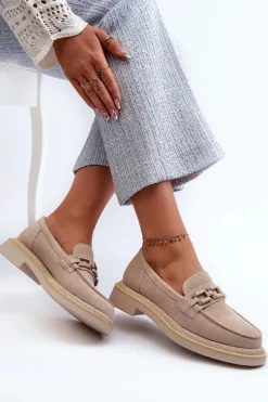 Loafersy Damskie|Mokasyny Płaskie>Damskie buty S.Barski Mokasyny Damskie Zamszowe Na Płaskim Obcasie Z Ozdobą D&A TW101 Beżowe Beżowy