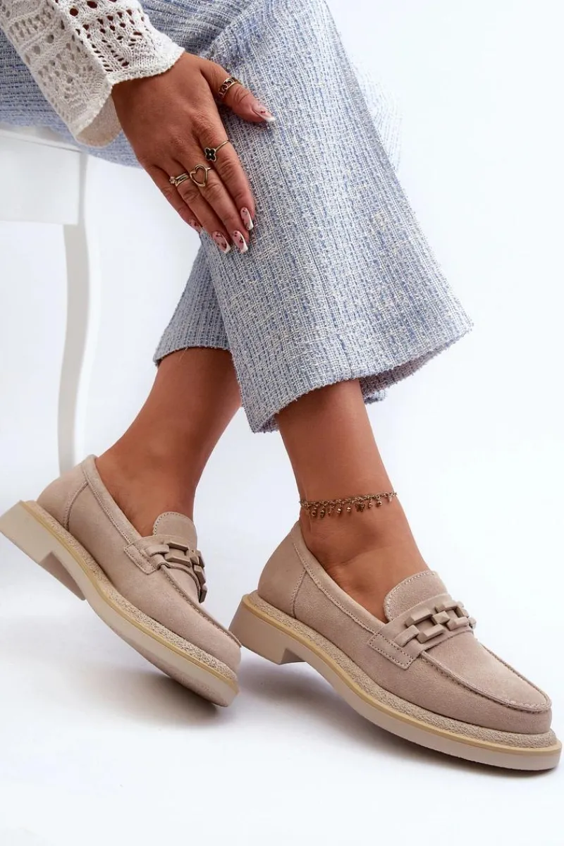 Loafersy Damskie|Mokasyny Płaskie>Damskie buty S.Barski Mokasyny Damskie Zamszowe Na Płaskim Obcasie Z Ozdobą D&A TW101 Beżowe Beżowy