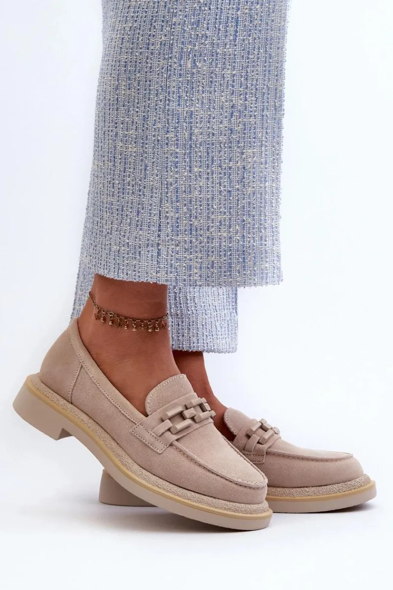 Loafersy Damskie|Mokasyny Płaskie>Damskie buty S.Barski Mokasyny Damskie Zamszowe Na Płaskim Obcasie Z Ozdobą D&A TW101 Beżowe Beżowy
