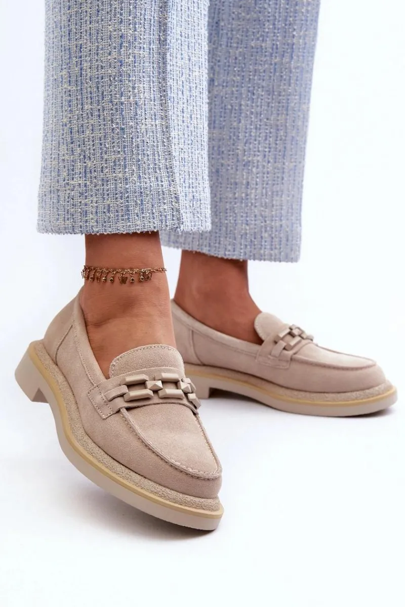 Loafersy Damskie|Mokasyny Płaskie>Damskie buty S.Barski Mokasyny Damskie Zamszowe Na Płaskim Obcasie Z Ozdobą D&A TW101 Beżowe Beżowy