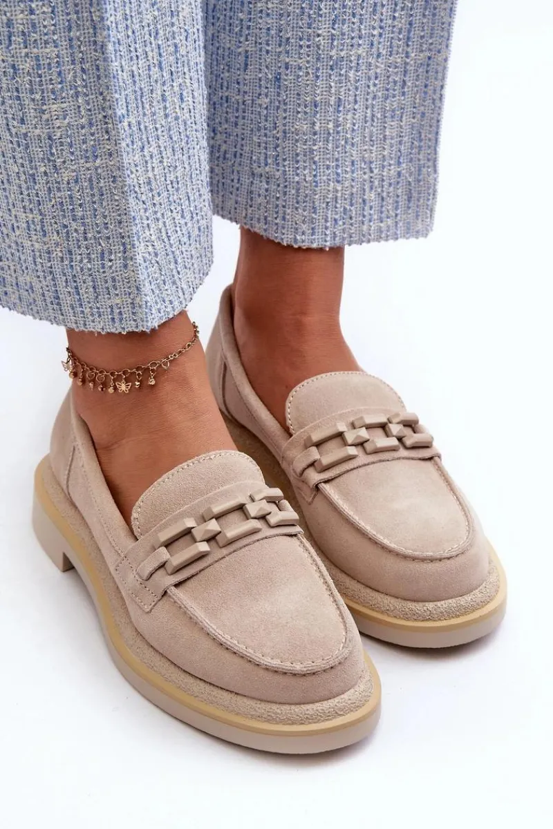 Loafersy Damskie|Mokasyny Płaskie>Damskie buty S.Barski Mokasyny Damskie Zamszowe Na Płaskim Obcasie Z Ozdobą D&A TW101 Beżowe Beżowy