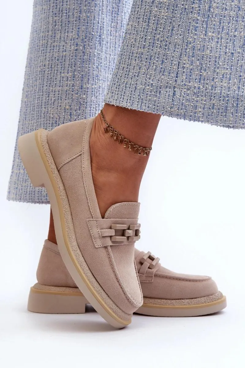 Loafersy Damskie|Mokasyny Płaskie>Damskie buty S.Barski Mokasyny Damskie Zamszowe Na Płaskim Obcasie Z Ozdobą D&A TW101 Beżowe Beżowy