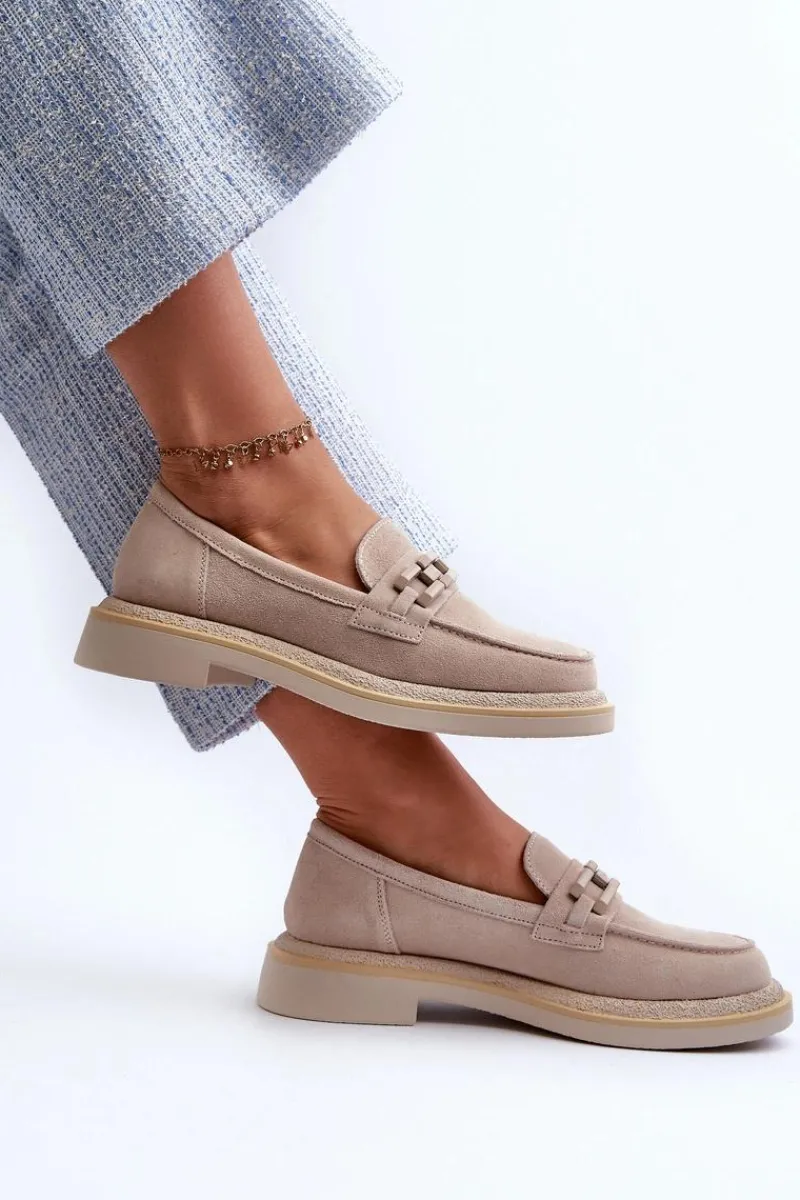 Loafersy Damskie|Mokasyny Płaskie>Damskie buty S.Barski Mokasyny Damskie Zamszowe Na Płaskim Obcasie Z Ozdobą D&A TW101 Beżowe Beżowy