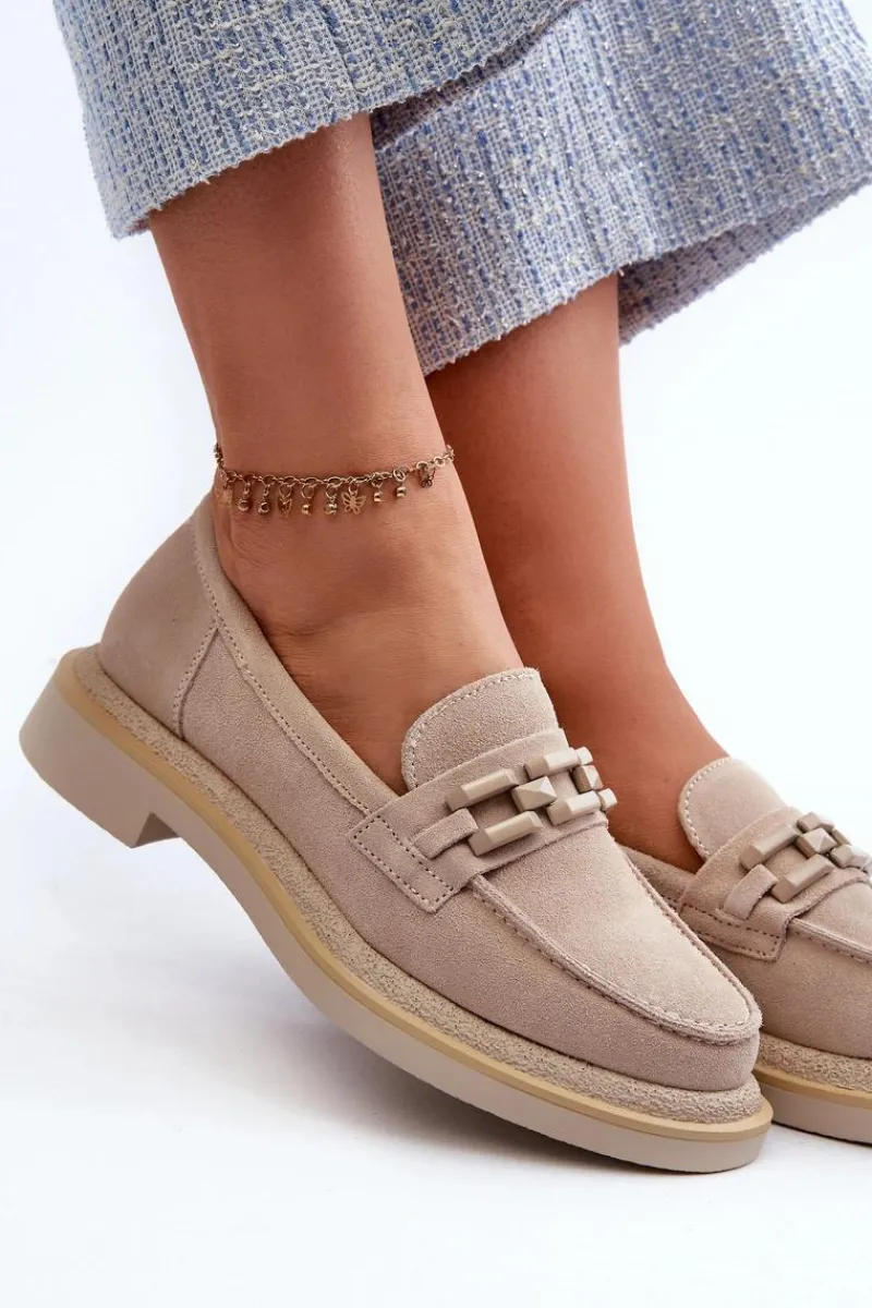 Loafersy Damskie|Mokasyny Płaskie>Damskie buty S.Barski Mokasyny Damskie Zamszowe Na Płaskim Obcasie Z Ozdobą D&A TW101 Beżowe Beżowy