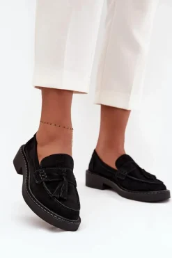 Loafersy Damskie|Mokasyny Płaskie>Damskie buty S.Barski Mokasyny Damskie Zamszowe Z Frędzlami D&A TW107 Czarne Czarny