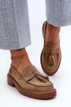 Sale Damskie buty S.Barski Mokasyny Damskie Zamszowe Z Frędzlami D&A TW107 Brązowe Brązowy