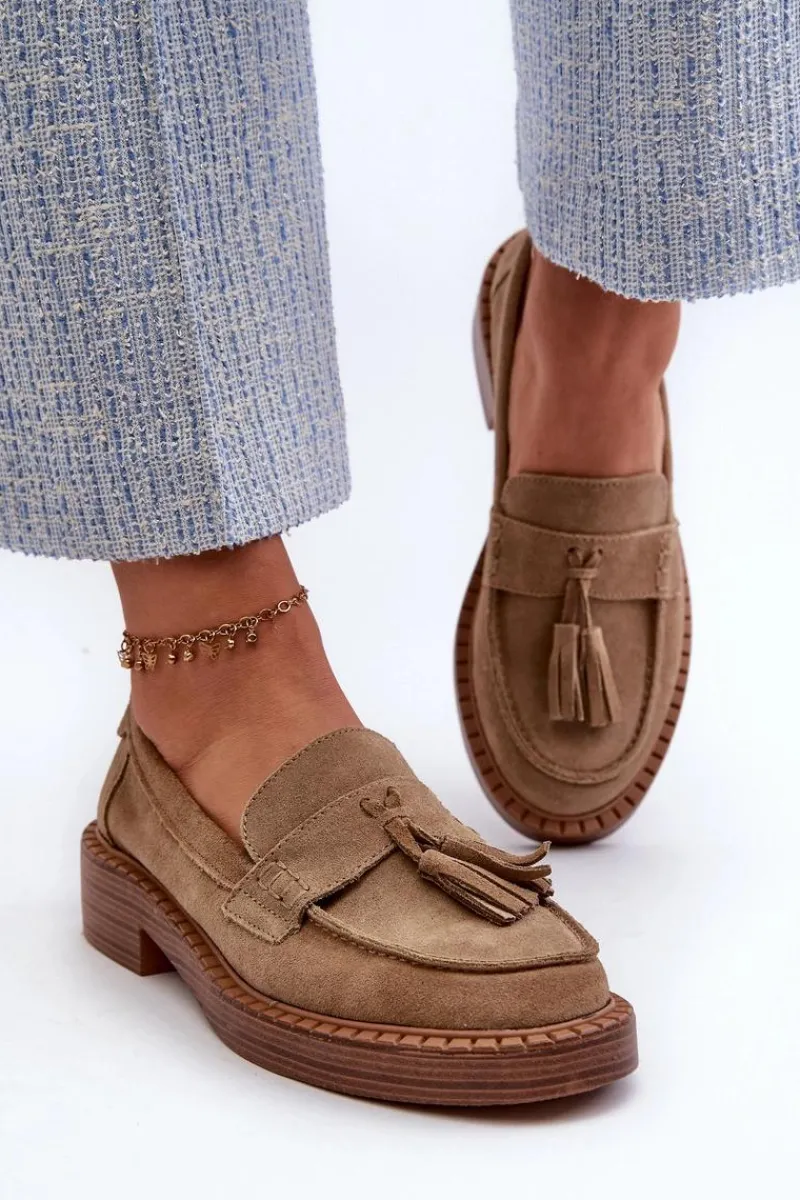 Sale Damskie buty S.Barski Mokasyny Damskie Zamszowe Z Frędzlami D&A TW107 Brązowe Brązowy